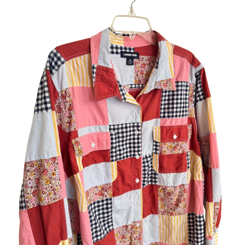 Lands End Patchwork Shirt Dress 3X Red Gingham Floral Stripe Cotton Tunic